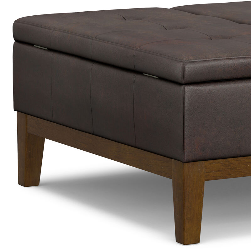 Dover 36 inch Wide Contemporary Square Lift Top Coffee Table Storage Ottoman in Distressed Brown Vegan Faux Leather, Assembled