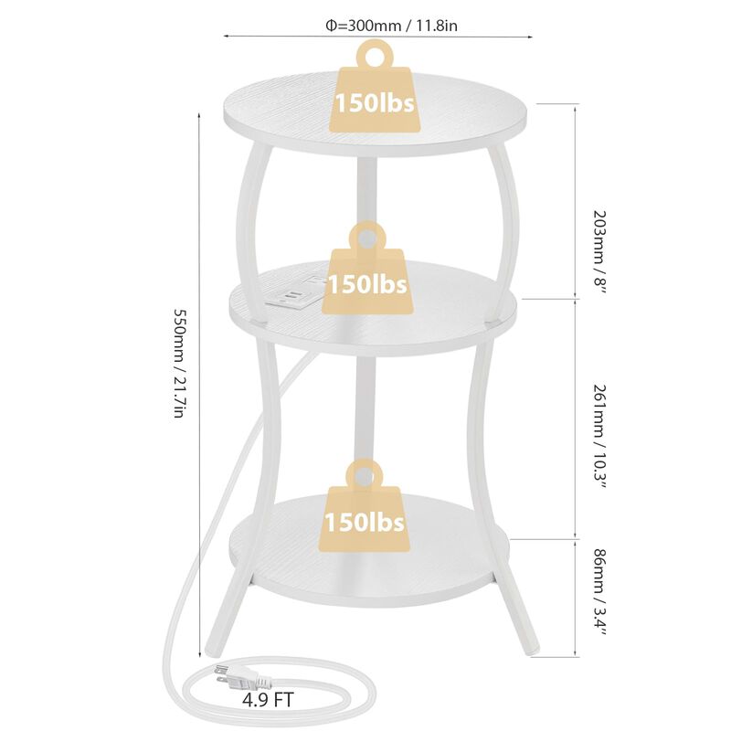 Small Round Side Table with Charging Station, 3-Tier Waist Circular End Table with Storage Shelf, Compact Tea Sofa Side Table Sm