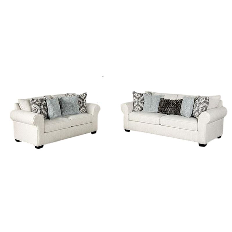 Berrie 2pc Sofa Loveseat Set, 9 Throw Pillows, Modern White Polyester - Benzara