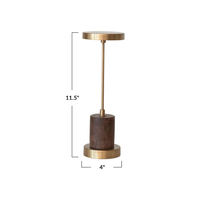 Metal and Mango Wood LED Table Lamp with Touch Sensor in Antique Brass Finish, Gold