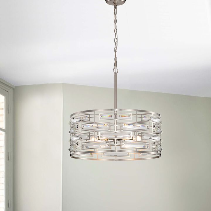 Natalia 20" Satin Nickel 6-light Drum Shade Chandelier with Clear Glass Prism