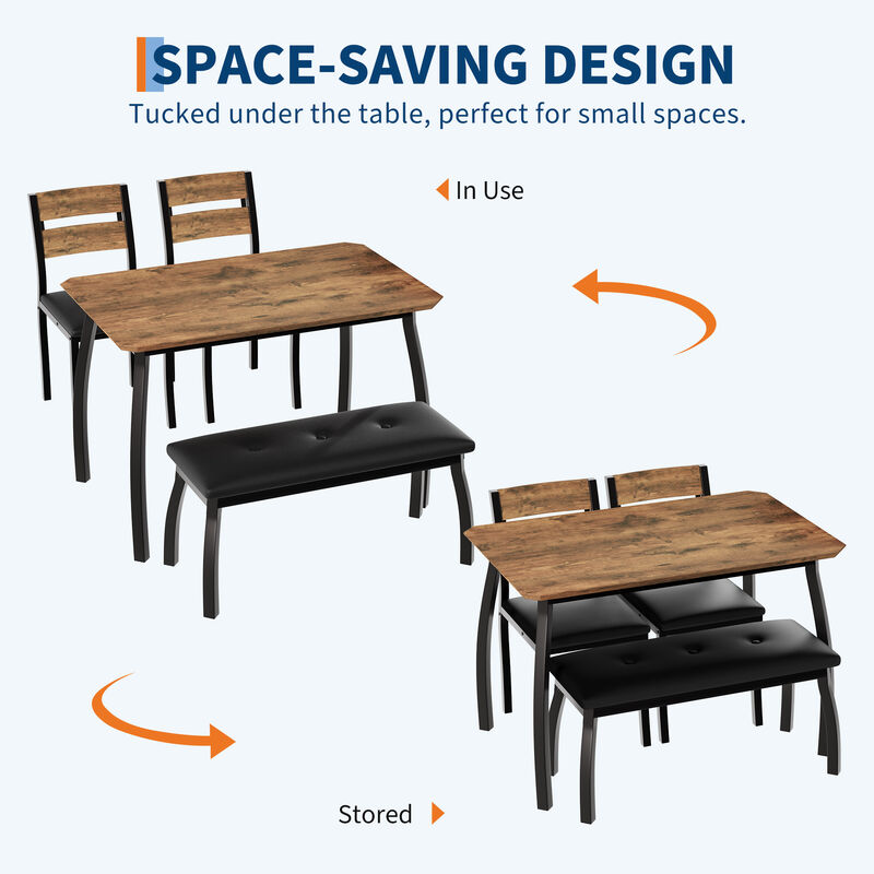 Modern 4-Piece Dining Set, Rustic Wood Table with Bench & 2 Padded Chairs, Space-Saving for Small Dining Room, Apartment & Studio image number 4
