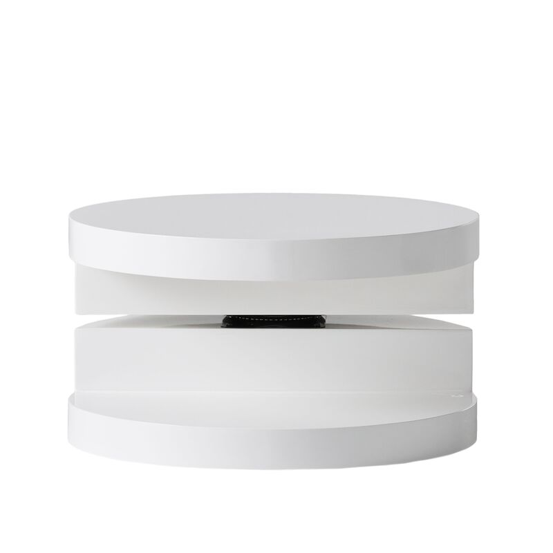 Coffee Table, Open Shelf, Rotating 24 Inch Modern Round White Top