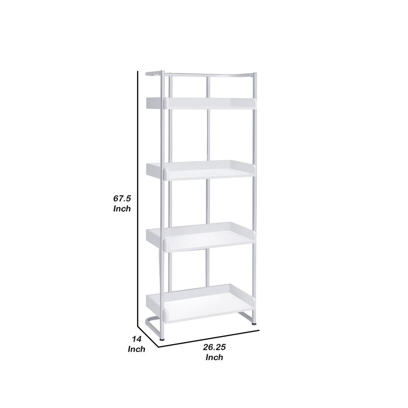 68 Inch Modern Bookcase, 4 Glossy White Tray Shelves, Chrome Steel Frame-Benzara image number 5