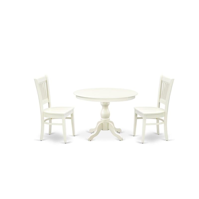 East West Furniture - HBVA3-LWH-W - 3-Pc Modern Dining Table Set- 2 Dining Chair and Wooden Dining Table - Wooden Seat and Slatted Chair Back - Linen White Finish