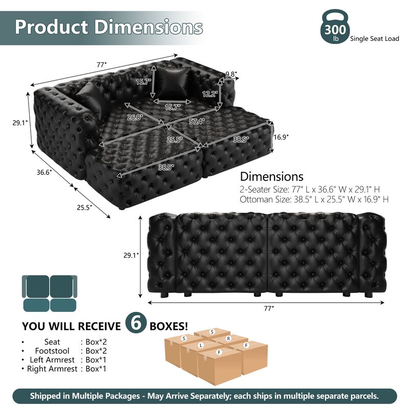 Whisen 77" Modern Modular Sofa with 2 Ottoman, Faux Leather Upholstered, for Living Room image number 9
