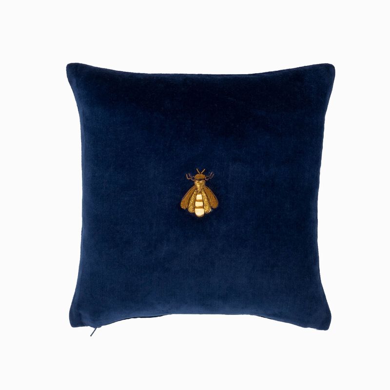 Navy Bee Silk Velvet Throw Pillow, 12" X 12"