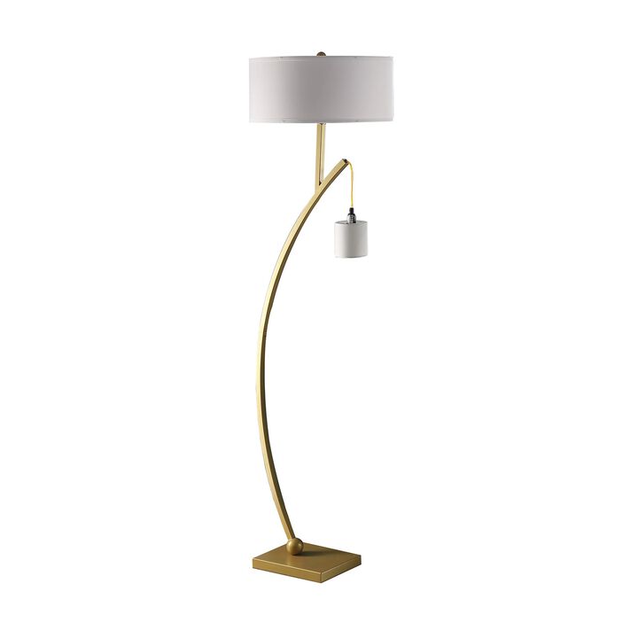 Benjara Table Jiya 59 Inch Arc Floor Lamp, Hanging Design, 2 Drum Shades, Gold and White