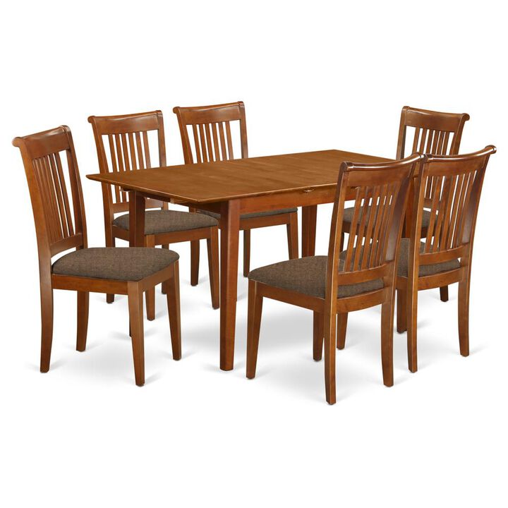 7 Pc set Rectangular Kitchen Table featuring 12" Leaf and 6Fabric Kitchen Chairs in Saddle Brown