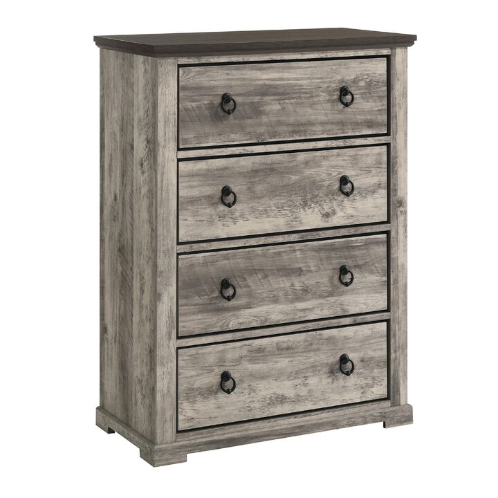 Elaya Tall Dresser Chest with 4 Drawers, Black Metal, Weathered Gray