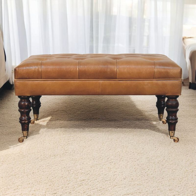 Artisan Furniture Solid Wood, Upholstered California Walnut Buffalo Tan Leather Ottoman with Castor Legs