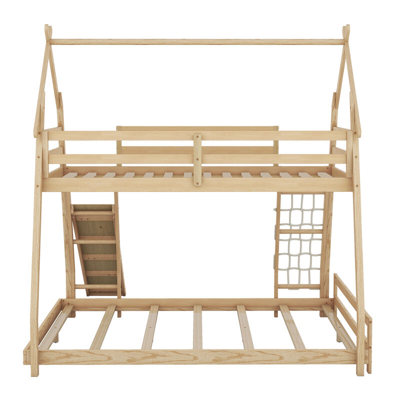Whisen Twin over Queen House Bunk Bed with Climbing Nets and Climbing Ramp