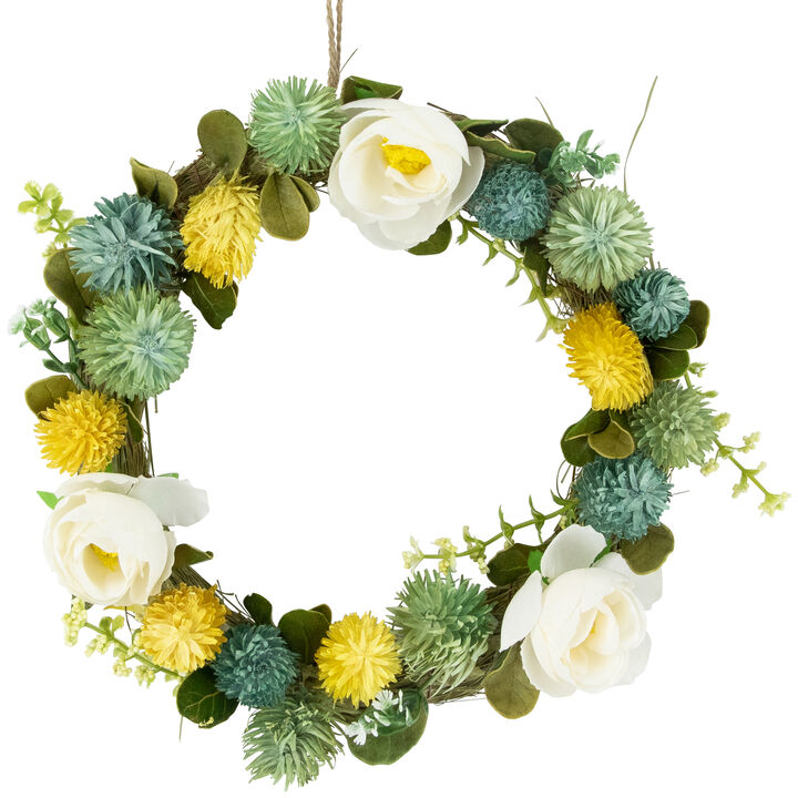 9" Cream Rose  Green and Yellow Thistle Hanging Spring Wreath