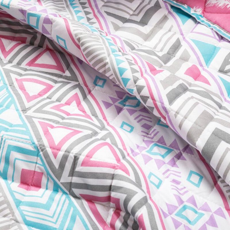 Southwest Style Polyester Pink Blue Striped Reversible Quilt Set