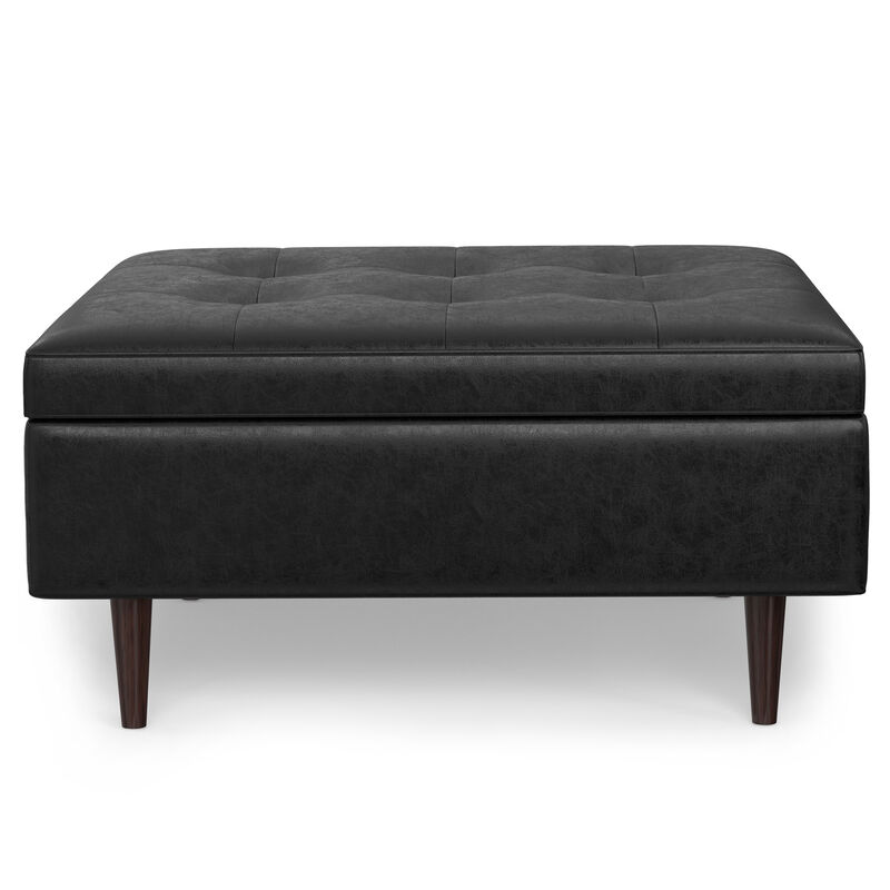 Shay 38 inch Wide Mid Century Modern Square Mid Century Large Square Coffee Table Storage Ottoman in Distressed Black Vegan Faux Leather, Assembled