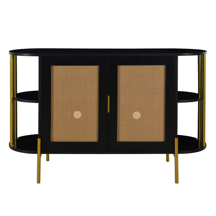 2-Door Elegant Curved Dining Cabinet with Gold Trim and Woven Rattan Doors for Dining Room