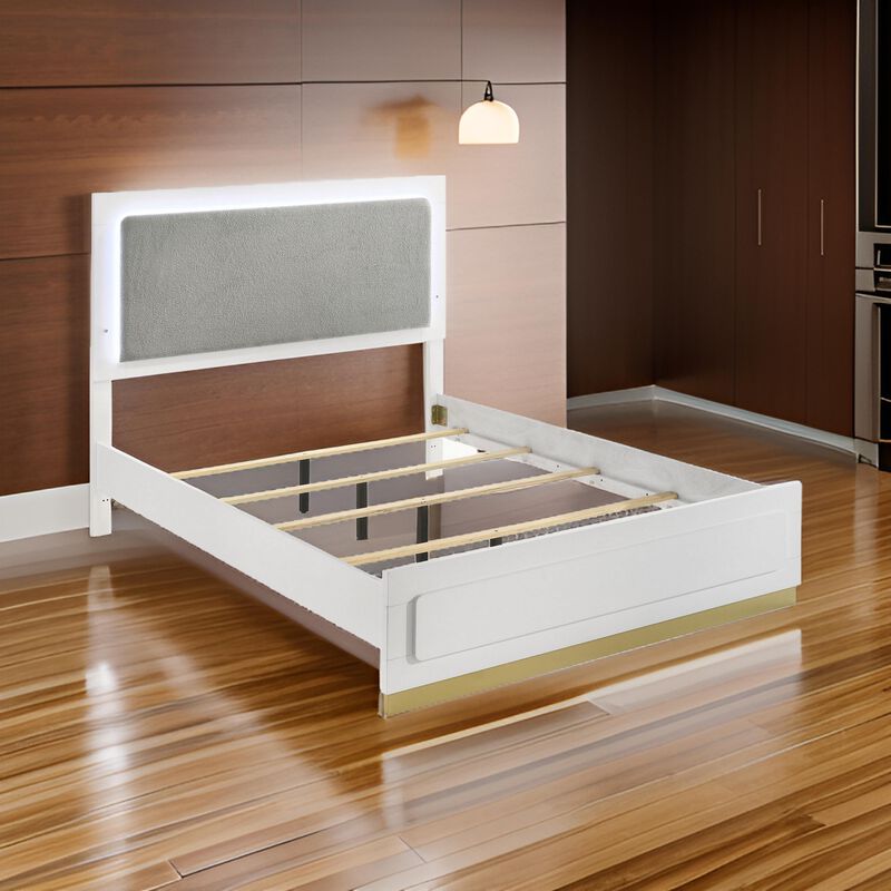 Caer Queen Size Bed, LED Panel Tall Headboard, Gray Upholstery, White Okume - Benzara