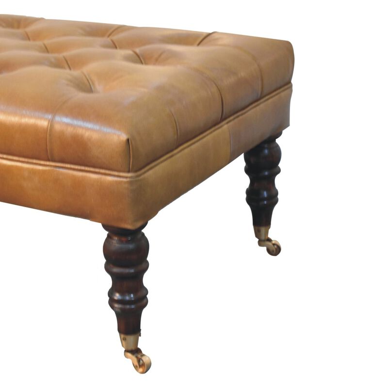 Artisan Furniture Solid Wood, Upholstered California Walnut Buffalo Tan Leather Ottoman with Castor Legs