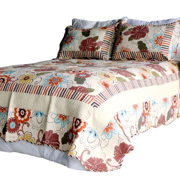 Floral Cotton Quilt Set 3 Piece, Vermicelli Quilted Bedding Ensemble-Red