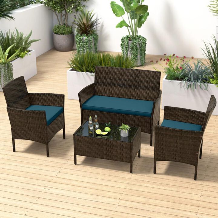 Hivvago 4 Piece Patio Rattan Conversation Set with Cozy Seat Cushions