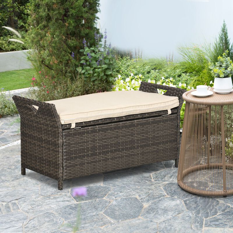Outsunny 27 Gallon Patio Wicker Storage Bench, Outdoor PE Rattan Patio Furniture, 2-In-1 Large Capacity Rectangle Garden Storage Box with Handles and Cushion, Cream White