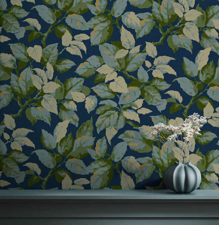 Canopy Navy Leaf Wallpaper