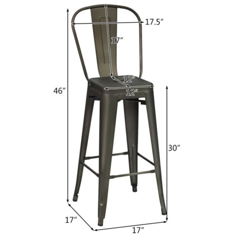 30" Height Set of 4 High Back Metal Industrial Bar Stools