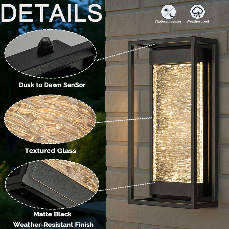 H15" Modern Outdoor Integrated LED Wall Light with Dusk to Dawn Sensor Matte Black Exterior Light Fixture with Handcrafted Textured Glass Wall Lantern for Porch Garage Entryway image number 3