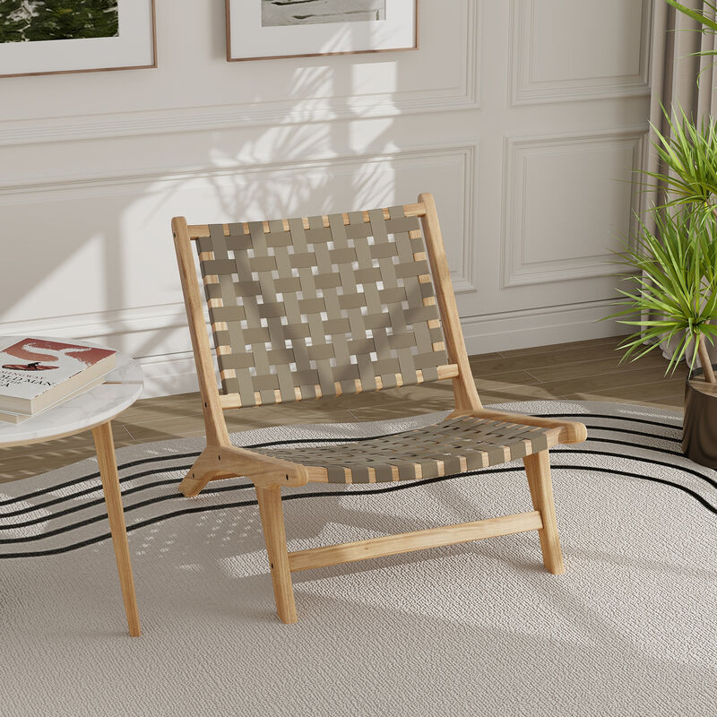Modern Armless Teak Wood Lounge Chair with Nylon Woven Backrest and Seat image number 1