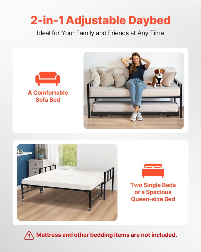 Space-Saving Metal Daybed Frame with Trundle Bed and Slats