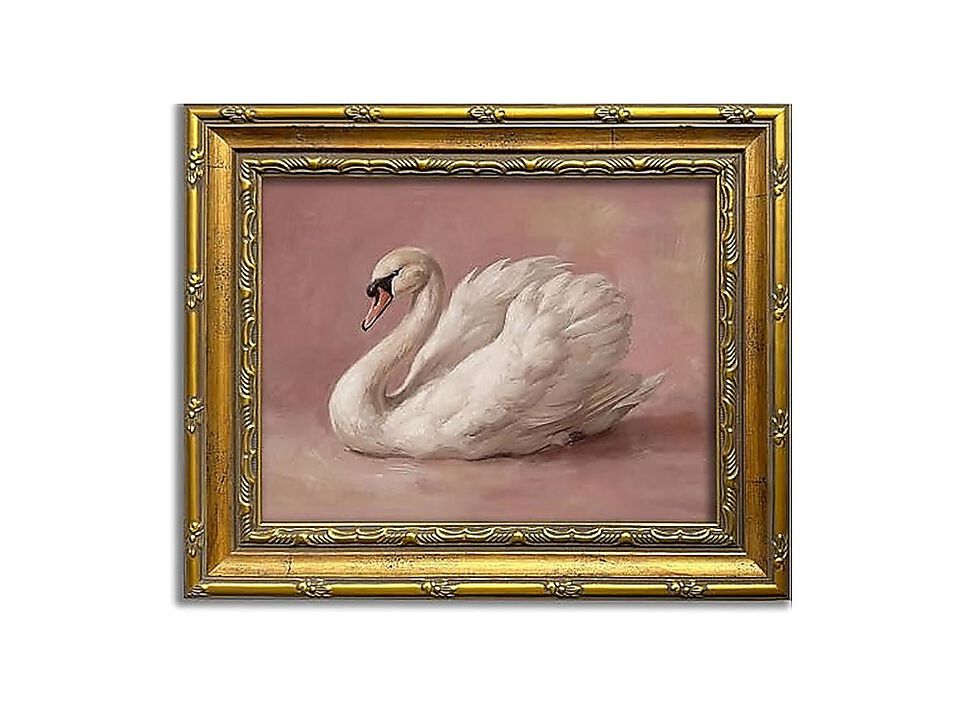 Vintage Wall Art Gold Framed Pink Swan Canvas Decor Animal Elegant Goose Rustic