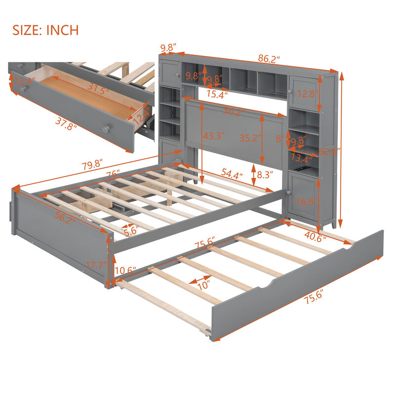 Whisen Modern Design Full Size Wooden Bed With All-in-One Cabinet, Shelf and Twin Size Trundle - White