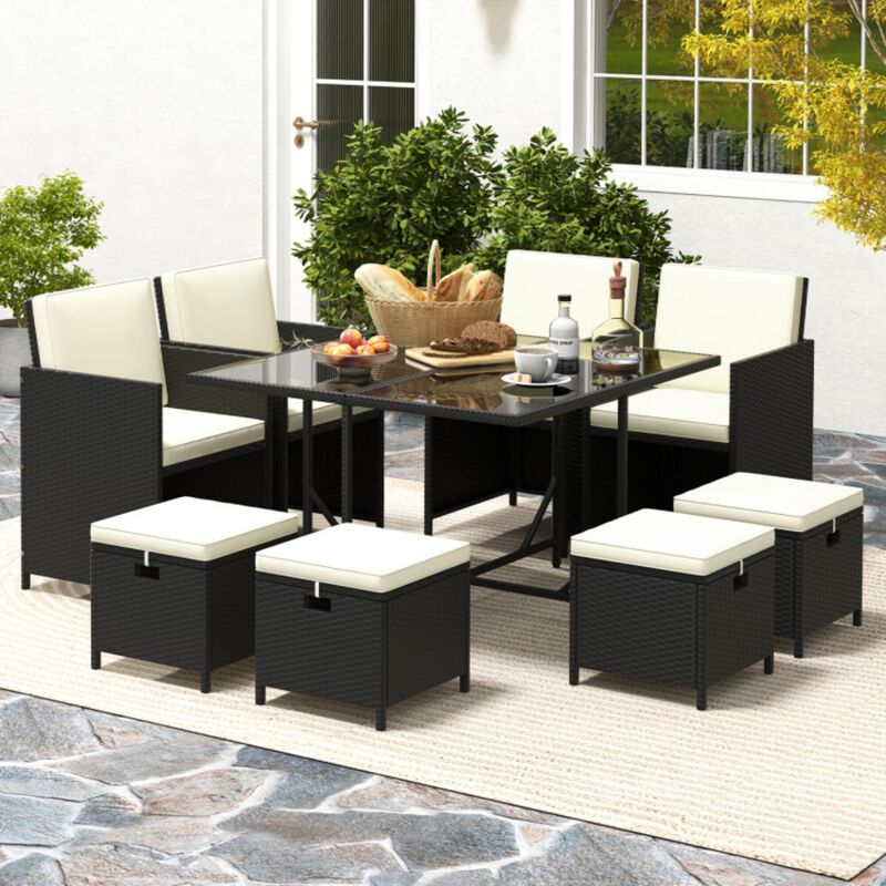 Mondawe 9-Piece Outdoor Dining Set W/ Foldable Wicker Chairs & Ottomans,A Glass Table & Cushions