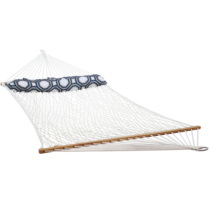 Sunnydaze Large Polyester Rope Hammock with Spreader Bar and Pillow - White