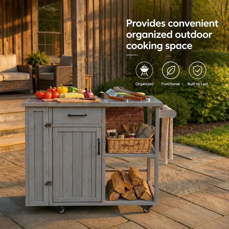 ELEMENT ACE Mobile Lockable Outdoor Kitchen Island Prep Cart with Stainless Top, Ample Storage and Racks for Patio Backyard Use image number 4
