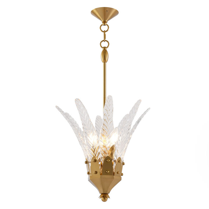 17 in. 1-Light Modern Plated Gold Chandelier with Leaf Etched Glass Shade