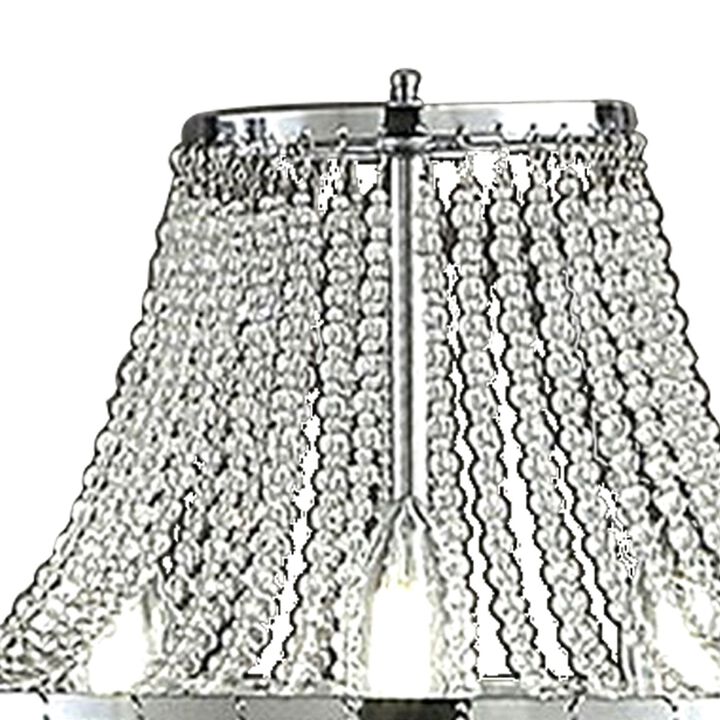 Cara 27 Inch Table Lamp, Hanging Drop Design, Crystal and Metal, Chrome-Benzara