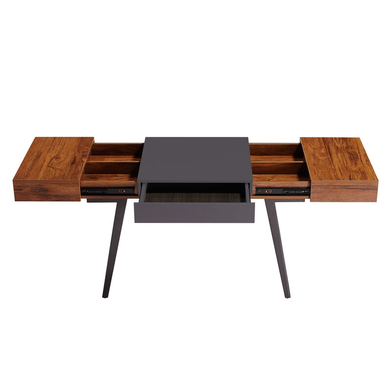 Writing Desk - Dual Side & Pull-Out Front Drawer - Coated Grey Steel Frame - Mahogany image number 5