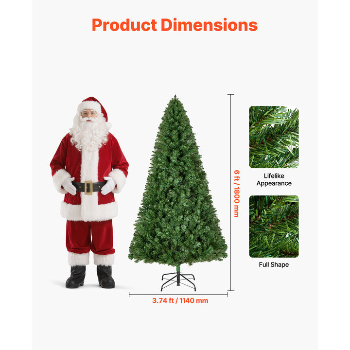 VEVOR Christmas Tree 6ft Artificial Xmas Decoration Tree with 1250 Branch Tips