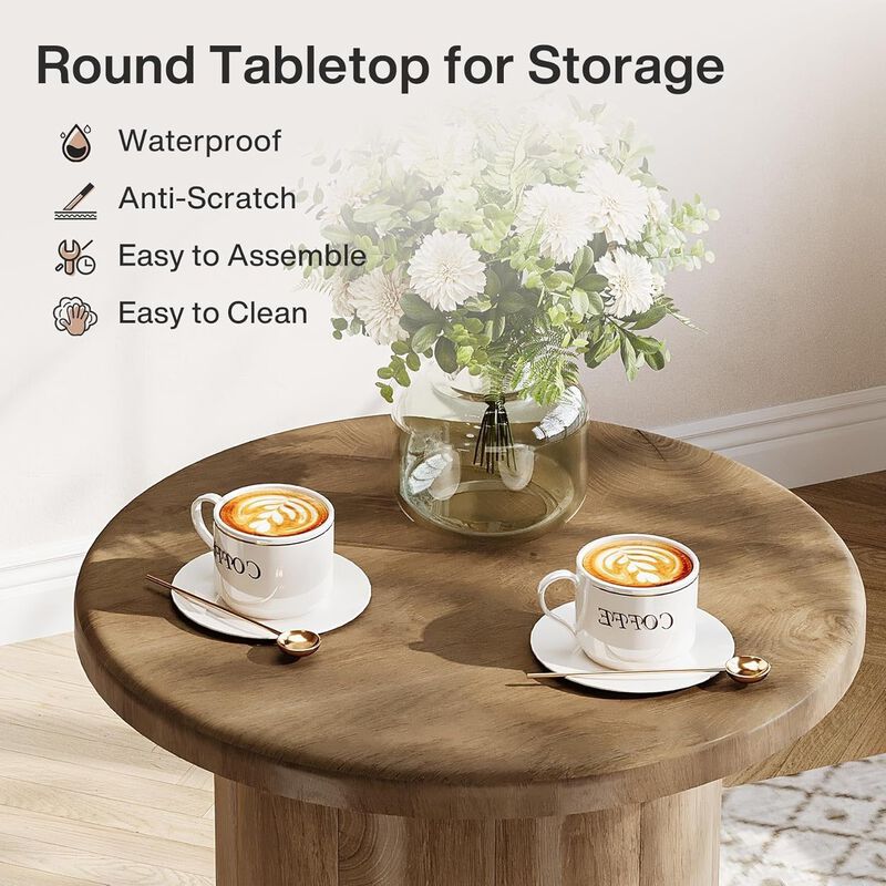 Round Farmhouse Side Table Nightstand with Fluted Base, End Table image number 3
