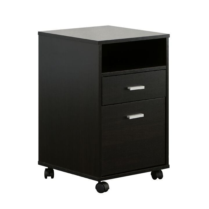 25 Inch 2 Drawer Wood File Cabinet, Printer Stand with Open Cubby , Rolling Caster Wheels, Dark Brown-Benzara