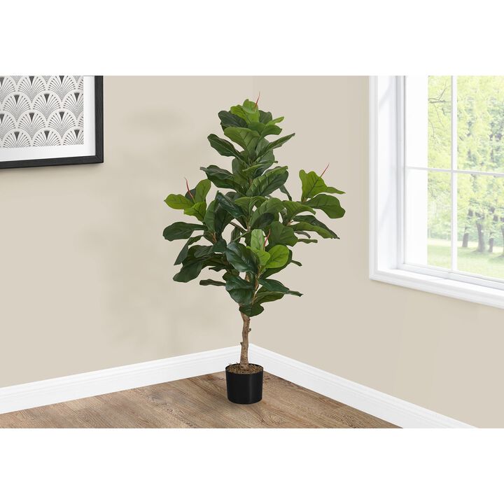 Monarch Specialties I 9541 - Artificial Plant, 47" Tall, Fiddle Tree, Indoor, Faux, Fake, Floor, Greenery, Potted, Real Touch, Decorative, Green Leaves, Black Pot