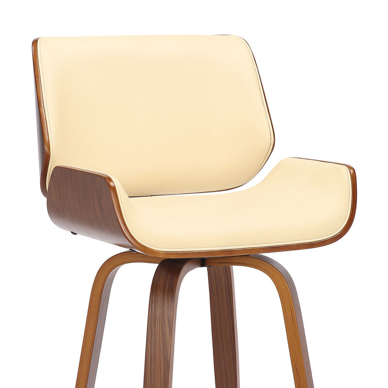 Hivvago 30 Inch Cream And Brown Faux Leather And Solid Wood Swivel Bar Height Bar Chair