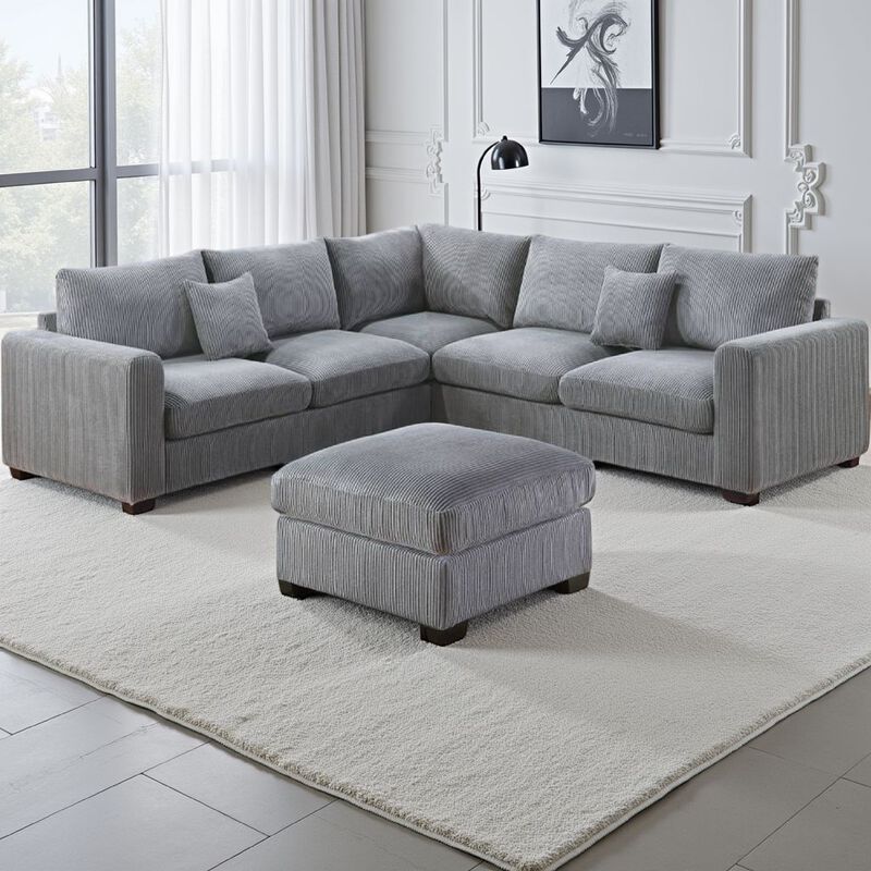 Rey 4pc L Sectional Sofa Set, 2 Accent Pillows, Gray Corduroy Fabric - Benzara