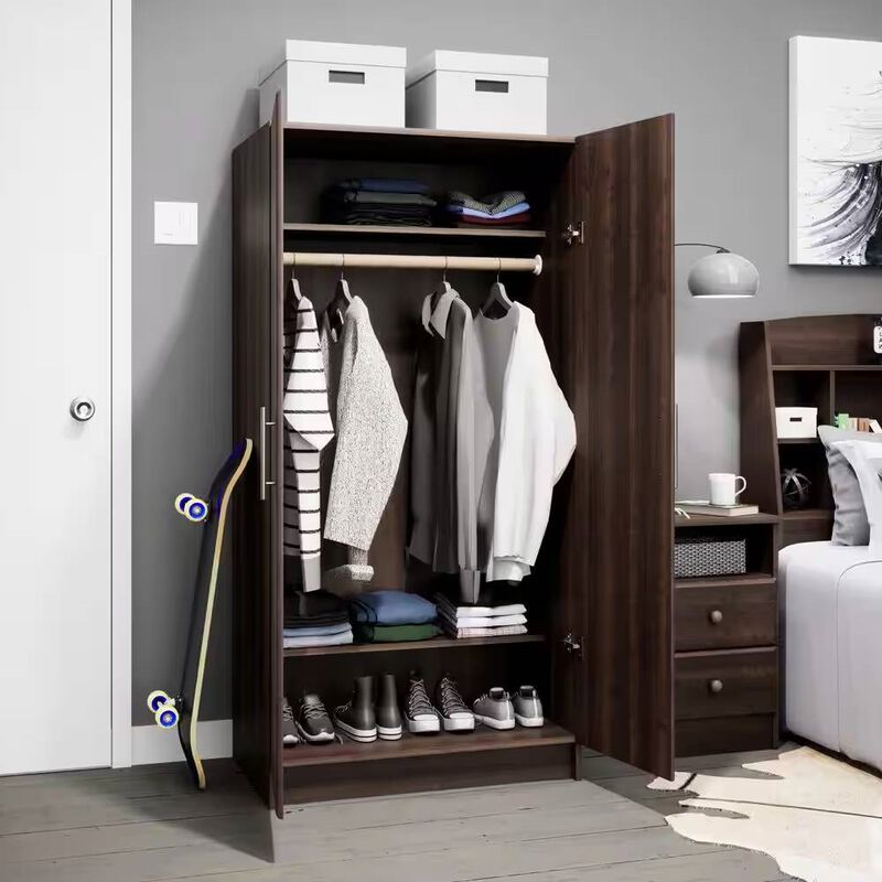 Modern Wood Finish Wardrobe with Hanging Rod and Adjustable Shelves