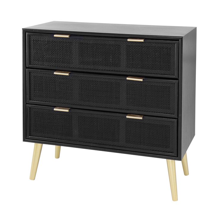 31 Inch Dresser Chest Cabinet, 3 Drawers, Woven Rattan, Modern, Black, Gold-Benzara