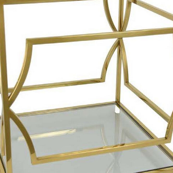 Mivi 24 Inch Plant Stand Table, Square, Pattern Base, Glass, Metal, Gold - Benzara