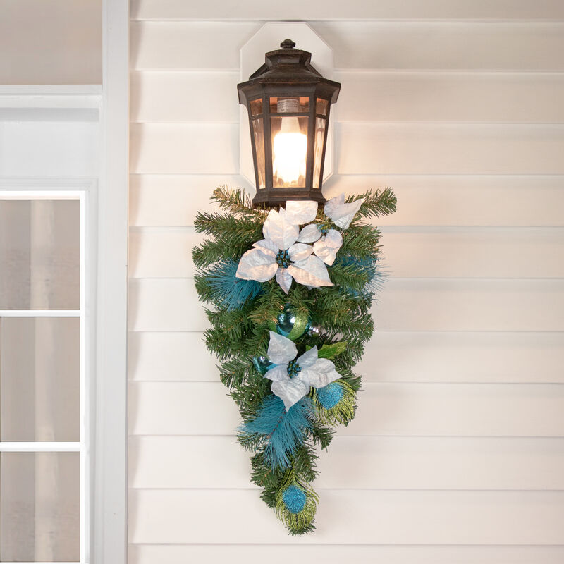 22" Peacock Feather and Poinsettia Artificial Christmas Teardrop Swag  Unlit image number 1