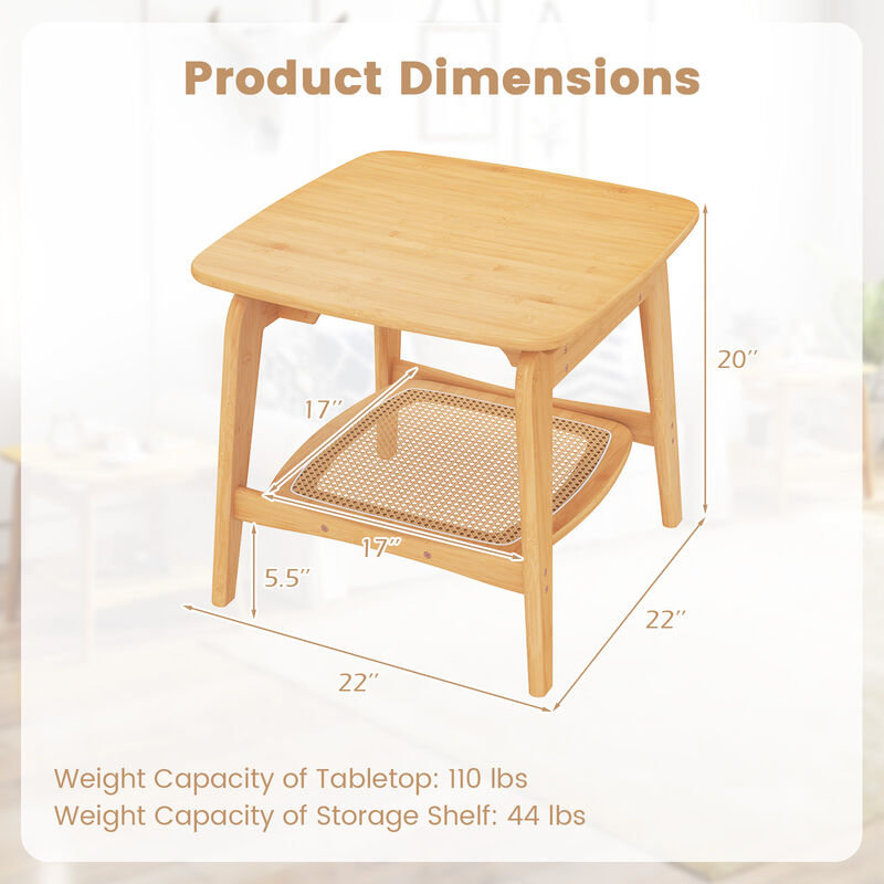 Boho Wicker Sofa Side Table with Faux Rattan Storage Shelf