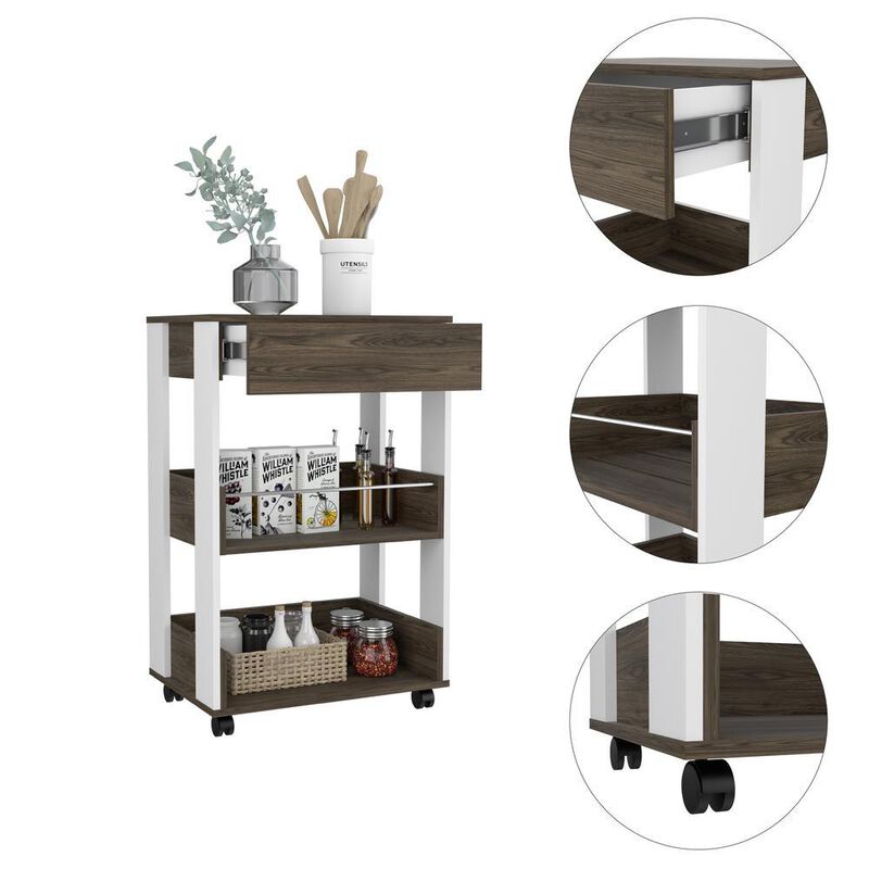 DEPOT E-SHOP Pillar Kitchen Cart, Four Caster Wheels, Three Shelves, Countertop-White Dark Walnut